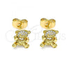 Oro Laminado Stud Earring, Gold Filled Style Teddy Bear Design, with White Micro Pave, Polished, Golden Finish, 02.310.0079