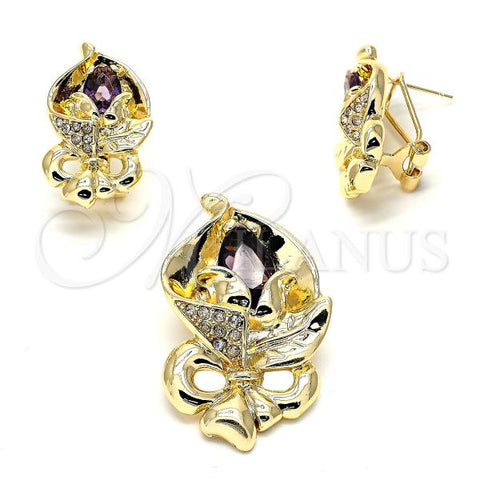 Oro Laminado Earring and Pendant Adult Set, Gold Filled Style Flower Design, with Amethyst and White Crystal, Polished, Golden Finish, 10.59.0193.3