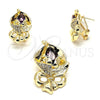 Oro Laminado Earring and Pendant Adult Set, Gold Filled Style Flower Design, with Amethyst and White Crystal, Polished, Golden Finish, 10.59.0193.3