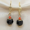 Oro Laminado Dangle Earring, Gold Filled Style Ball Design, with Black and Garnet Crystal, Polished, Golden Finish, 02.63.2756