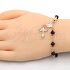 Oro Laminado Bracelet Rosary, Gold Filled Style Guadalupe and Crucifix Design, with Black and Orange Red Azavache, Polished, Golden Finish, 09.63.0109.1.08