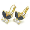 Oro Laminado Leverback Earring, Gold Filled Style Butterfly Design, with Black and White Cubic Zirconia, Polished, Golden Finish, 02.210.0220.3