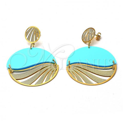 Oro Laminado Long Earring, Gold Filled Style Acqua Resin Finish, Golden Finish, 02.09.0115.1