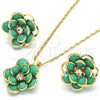 Oro Laminado Earring and Pendant Adult Set, Gold Filled Style Flower Design, with Turquoise and White Crystal, Polished, Golden Finish, 10.64.0156