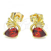 Oro Laminado Stud Earring, Gold Filled Style Swan Design, with Garnet Cubic Zirconia, Polished, Golden Finish, 02.387.0031
