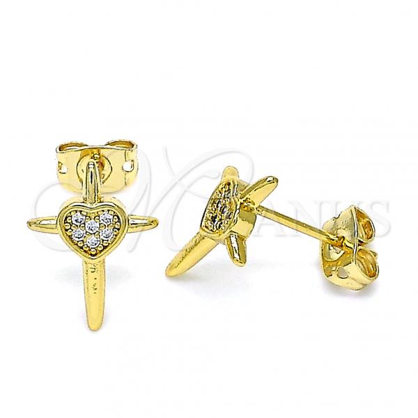 Oro Laminado Stud Earring, Gold Filled Style Cross and Heart Design, with White Micro Pave, Polished, Golden Finish, 02.342.0120