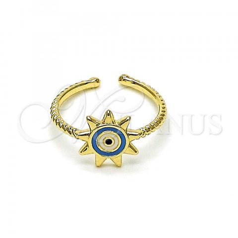 Oro Laminado Elegant Ring, Gold Filled Style Evil Eye and Sun Design, Light Blue Enamel Finish, Golden Finish, 01.213.0020