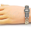 Oro Laminado Fancy Bracelet, Gold Filled Style San Judas and Greek Key Design, with White Micro Pave, Black Enamel Finish, Golden Finish, 03.411.0012.08