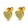 Oro Laminado Stud Earring, Gold Filled Style Heart Design, with White Micro Pave, Polished, Golden Finish, 02.344.0019