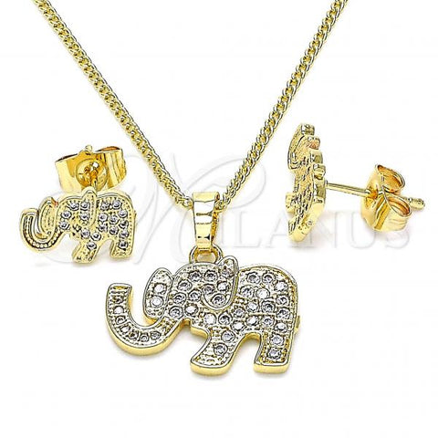 Oro Laminado Earring and Pendant Adult Set, Gold Filled Style Elephant Design, with White Micro Pave, Polished, Golden Finish, 10.284.0019