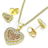 Oro Laminado Earring and Pendant Adult Set, Gold Filled Style Heart Design, with Garnet and White Micro Pave, Polished, Golden Finish, 10.156.0310.1