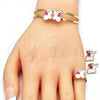 Oro Laminado Necklace, Bracelet, Earring and Ring, Gold Filled Style Elephant Design, Pink Enamel Finish, Golden Finish, 06.361.0027