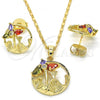 Oro Laminado Earring and Pendant Adult Set, Gold Filled Style Flower and Leaf Design, with Multicolor Cubic Zirconia, Polished, Golden Finish, 10.221.0019