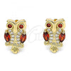 Oro Laminado Stud Earring, Gold Filled Style Owl Design, with Garnet Cubic Zirconia and White Micro Pave, Polished, Golden Finish, 02.210.0370.1