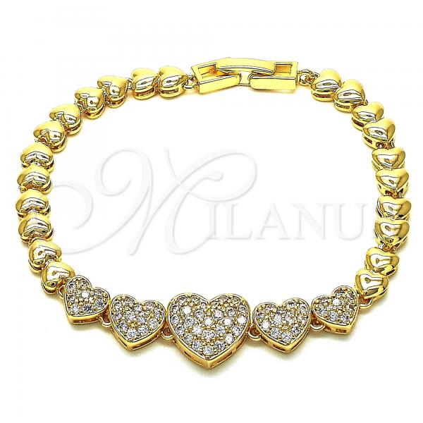 Oro Laminado Fancy Bracelet, Gold Filled Style Heart Design, with White Micro Pave, Polished, Golden Finish, 03.283.0197.07