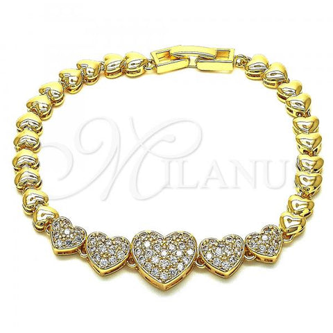 Oro Laminado Fancy Bracelet, Gold Filled Style Heart Design, with White Micro Pave, Polished, Golden Finish, 03.283.0197.07