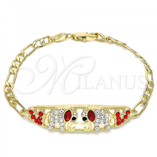 Oro Laminado Fancy Bracelet, Gold Filled Style Elephant and Heart Design, with Garnet and White Crystal, Polished, Golden Finish, 03.380.0053.1.08