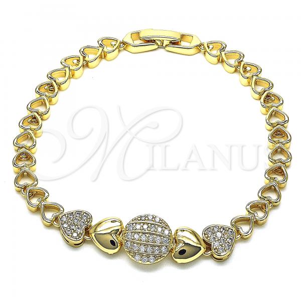 Oro Laminado Fancy Bracelet, Gold Filled Style Heart Design, with White Micro Pave, Polished, Golden Finish, 03.283.0148.08