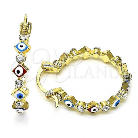 Oro Laminado Small Hoop, Gold Filled Style Evil Eye Design, with White Crystal, Multicolor Enamel Finish, Golden Finish, 02.213.0368.25