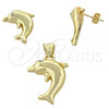 Oro Laminado Earring and Pendant Adult Set, Gold Filled Style Dolphin Design, with White Crystal, Polished, Golden Finish, 10.59.0177