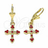 Oro Laminado Dangle Earring, Gold Filled Style Cross Design, with Garnet Crystal, Polished, Golden Finish, 02.351.0036.1