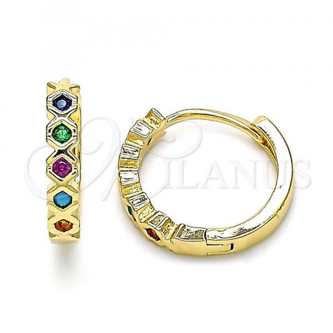 Oro Laminado Huggie Hoop, Gold Filled Style with Multicolor Cubic Zirconia, Polished, Golden Finish, 02.210.0553.4.15
