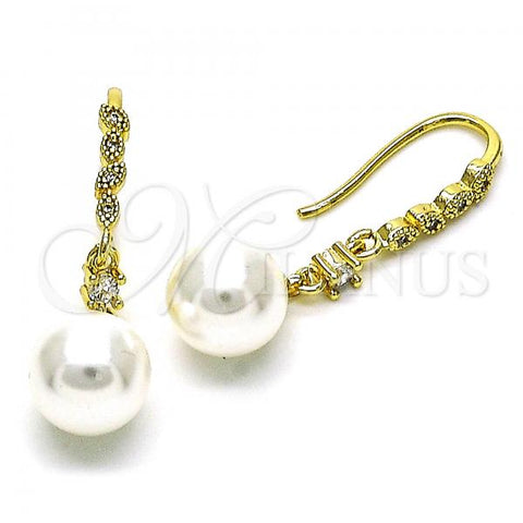 Oro Laminado Long Earring, Gold Filled Style Ball Design, with Ivory Pearl and White Micro Pave, Polished, Golden Finish, 02.387.0112