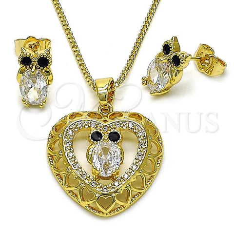 Oro Laminado Earring and Pendant Adult Set, Gold Filled Style Heart and Owl Design, with White Micro Pave and White Cubic Zirconia, Polished, Golden Finish, 10.210.0177