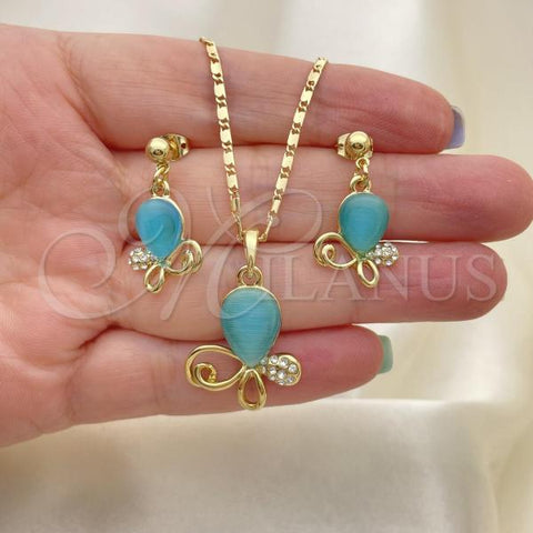 Oro Laminado Earring and Pendant Adult Set, Gold Filled Style Teardrop Design, with Aqua Blue and White Crystal, Polished, Golden Finish, 10.160.0137.1