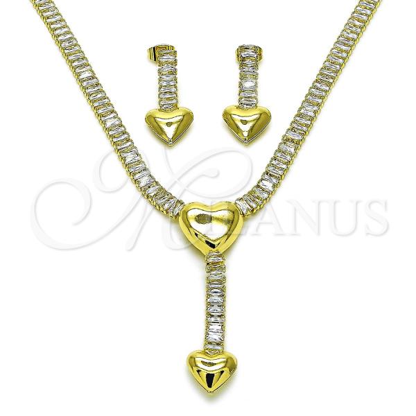 Oro Laminado Necklace and Earring, Gold Filled Style Heart and Baguette Design, with White Cubic Zirconia, Polished, Golden Finish, 06.421.0005