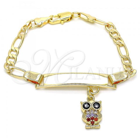 Oro Laminado ID Bracelet, Gold Filled Style Nameplate and Owl Design, with Multicolor Micro Pave, Polished, Golden Finish, 03.63.2173.1.06