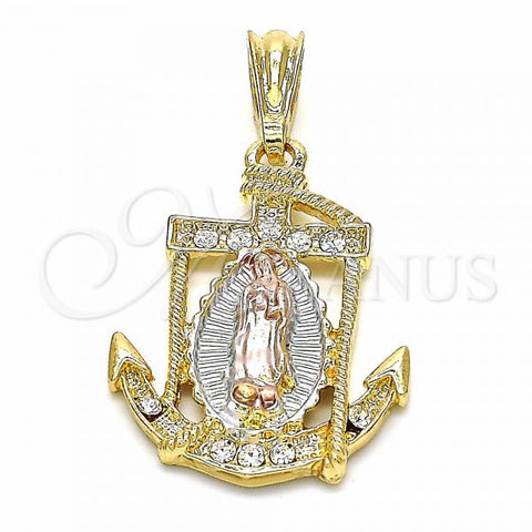 Oro Laminado Religious Pendant, Gold Filled Style Anchor and Guadalupe Design, with White Crystal, Polished, Tricolor, 05.351.0056