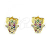 Oro Laminado Stud Earring, Gold Filled Style Hand of God Design, with Multicolor Micro Pave, Polished, Golden Finish, 02.156.0551.1