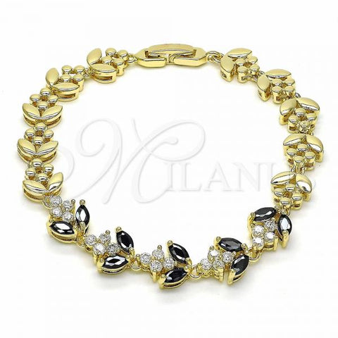 Oro Laminado Fancy Bracelet, Gold Filled Style Leaf Design, with Black and White Cubic Zirconia, Polished, Golden Finish, 03.316.0077.08