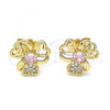 Oro Laminado Stud Earring, Gold Filled Style Heart Design, with Pink Cubic Zirconia and White Micro Pave, Polished, Golden Finish, 02.387.0078