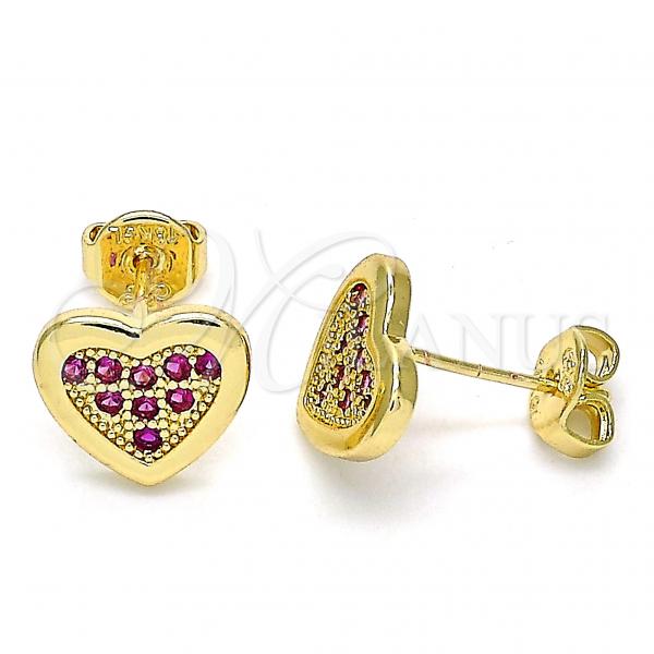 Oro Laminado Stud Earring, Gold Filled Style Heart Design, with Ruby Micro Pave, Polished, Golden Finish, 02.156.0394.2