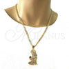 Oro Laminado Religious Pendant, Gold Filled Style San Lazaro Design, with White and Garnet Cubic Zirconia, Polished, Golden Finish, 05.120.0037
