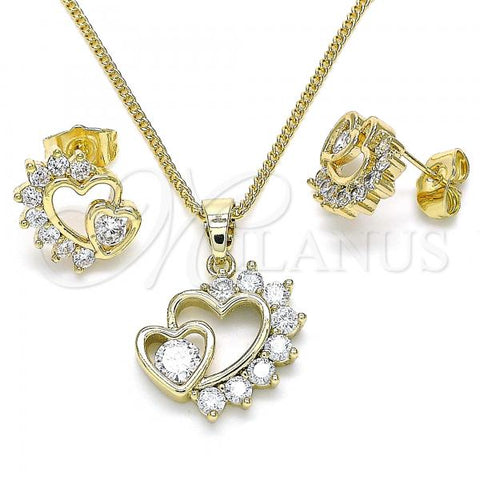 Oro Laminado Earring and Pendant Adult Set, Gold Filled Style Heart Design, with White Cubic Zirconia, Polished, Golden Finish, 10.210.0070.8