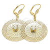 Oro Laminado Dangle Earring, Gold Filled Style Filigree and Flower Design, with White Crystal, Diamond Cutting Finish, Golden Finish, 90.006