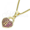 Oro Laminado Pendant Necklace, Gold Filled Style Lock and Heart Design, with Ruby Micro Pave, Polished, Golden Finish, 04.156.0303.1.20