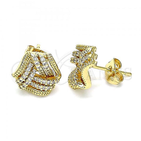 Oro Laminado Stud Earring, Gold Filled Style Love Knot Design, with White Micro Pave, Polished, Golden Finish, 02.342.0145