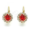 Oro Laminado Leverback Earring, Gold Filled Style with Garnet and White Cubic Zirconia, Polished, Golden Finish, 5.125.008