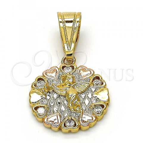 Oro Laminado Religious Pendant, Gold Filled Style Angel and Heart Design, with White Cubic Zirconia, Polished, Tricolor, 05.120.0084.1