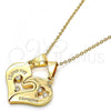 Oro Laminado Fancy Pendant, Gold Filled Style Heart and Love Design, with White Cubic Zirconia, Polished, Golden Finish, 05.179.0050