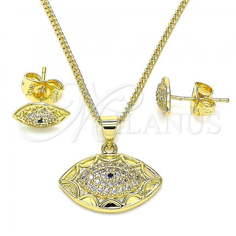 Oro Laminado Earring and Pendant Adult Set, Gold Filled Style Evil Eye Design, with Sapphire Blue and White Micro Pave, Polished, Golden Finish, 10.156.0349