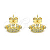 Oro Laminado Stud Earring, Gold Filled Style Crown Design, with White Micro Pave, Polished, Golden Finish, 02.342.0126