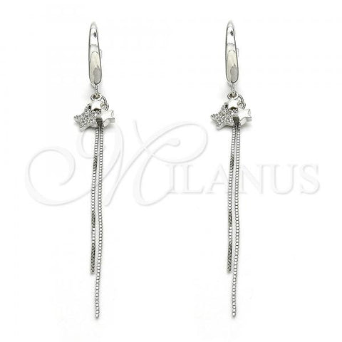 Sterling Silver Long Earring, Star Design, with White Micro Pave, Polished, Rhodium Finish, 02.186.0163.1