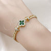 Oro Laminado Fancy Bracelet, Gold Filled Style Four-leaf Clover and Miami Cuban Design, with Green Cubic Zirconia and White Micro Pave, Diamond Cutting Finish, Golden Finish, 03.283.0416.4.07