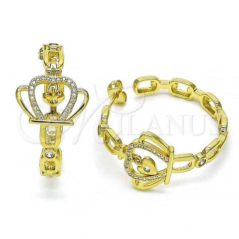 Oro Laminado Stud Earring, Gold Filled Style Crown and Heart Design, with White Micro Pave and White Cubic Zirconia, Polished, Golden Finish, 02.341.0123
