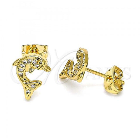 Oro Laminado Stud Earring, Gold Filled Style Dolphin Design, with White Micro Pave, Polished, Golden Finish, 02.342.0114